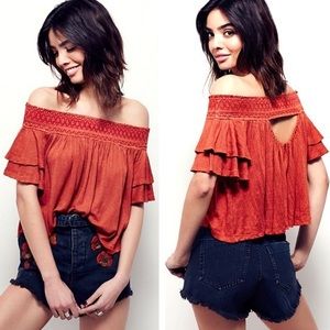 Free People Off Shoulder Rust Blouse Santorini